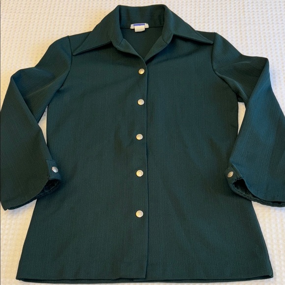 VINTAGE 60s 70s Button Down Silver Snap Front Shirt Wide Collar Cuffed Sleeves - Picture 2 of 16